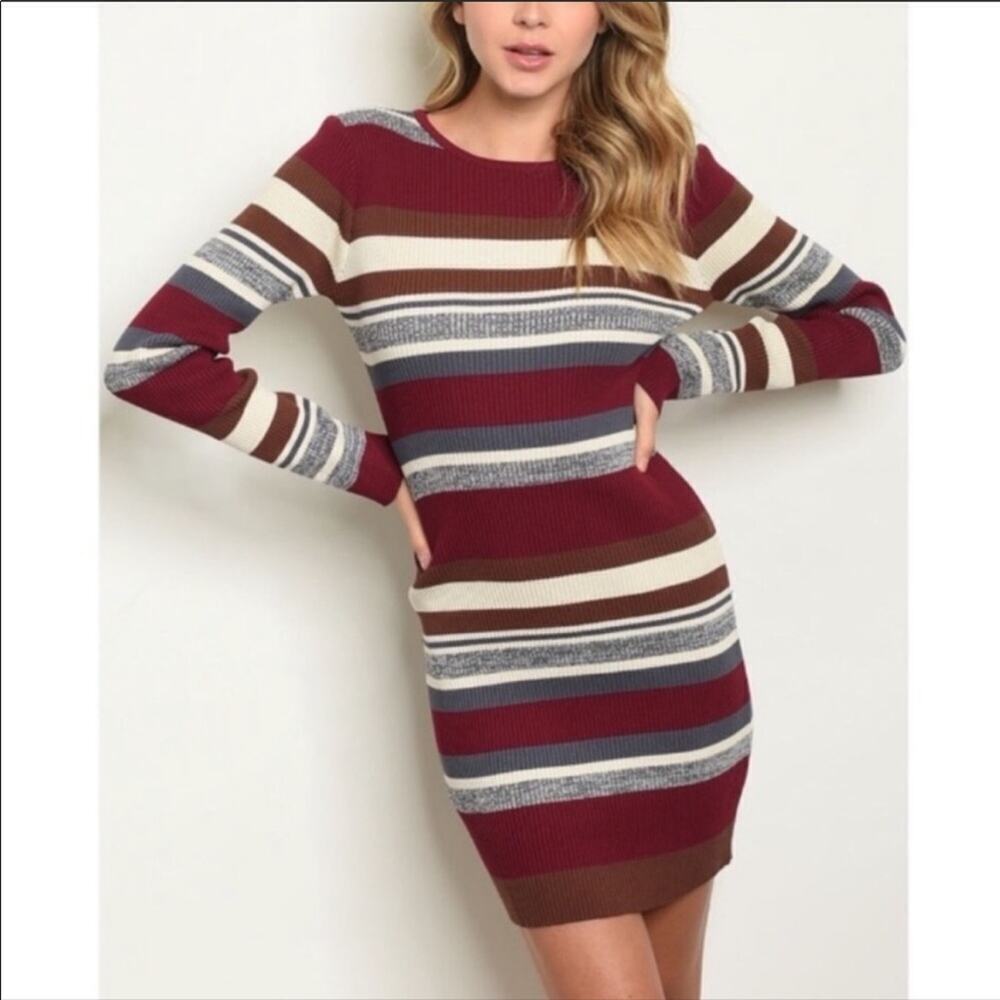Storia burgundy striped long sleeve sweater dress
